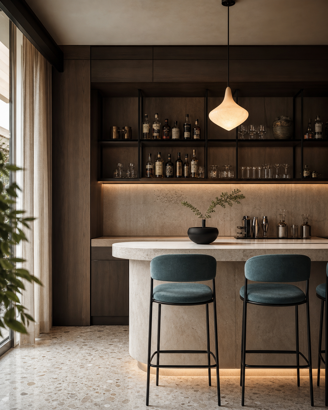 Refined hospitality bar with dark cabinetry and warm lighting