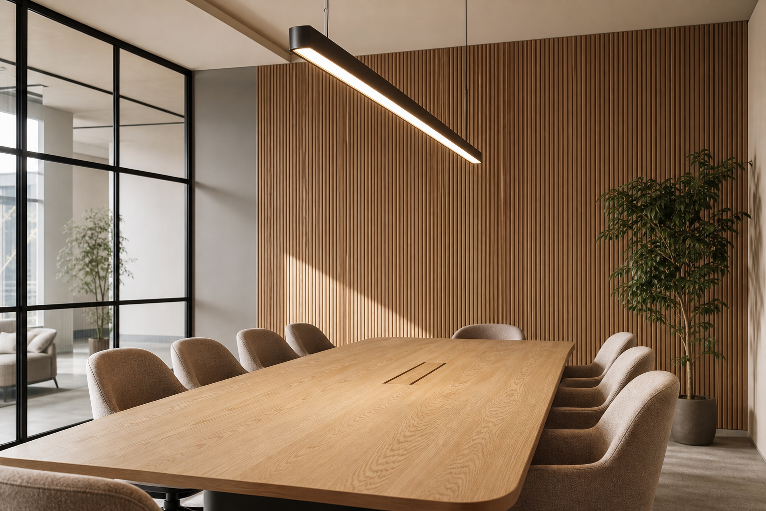 Contemporary workplace meeting room with a timber ceiling and garden views
