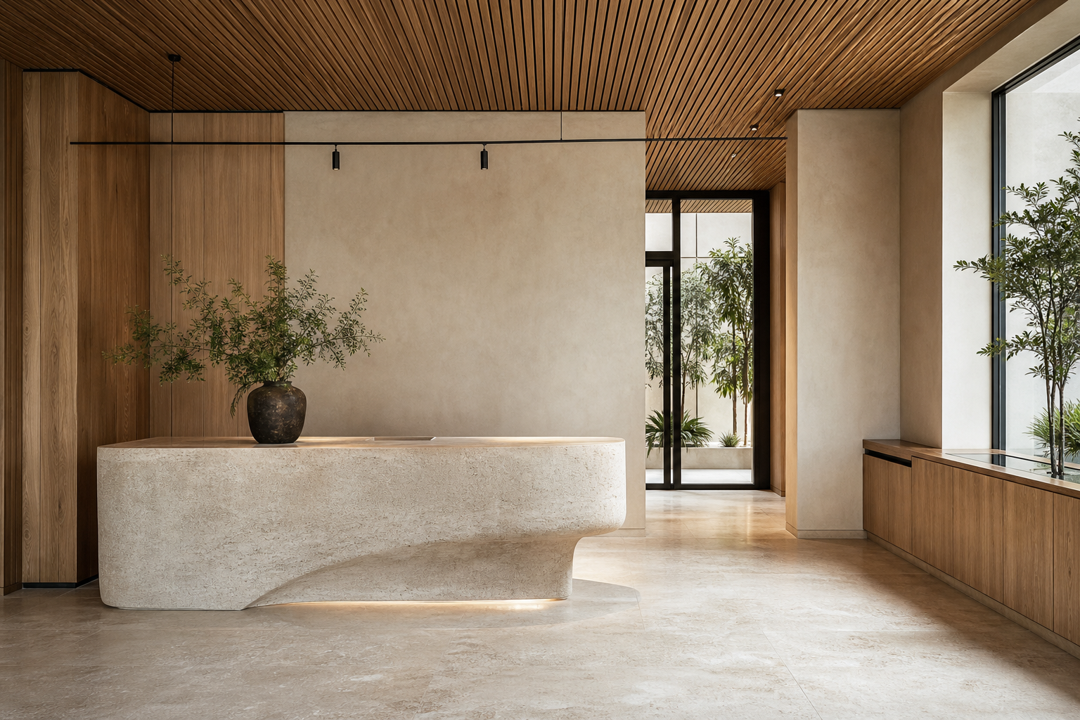 Minimal commercial reception finished in warm timber and stone