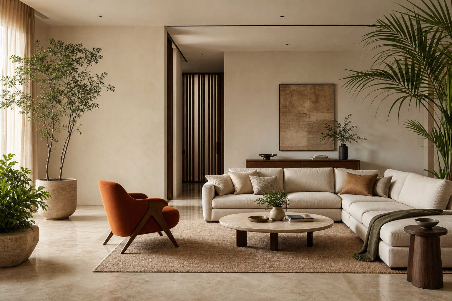 Warm contemporary living room with planted corners and sculptural seating