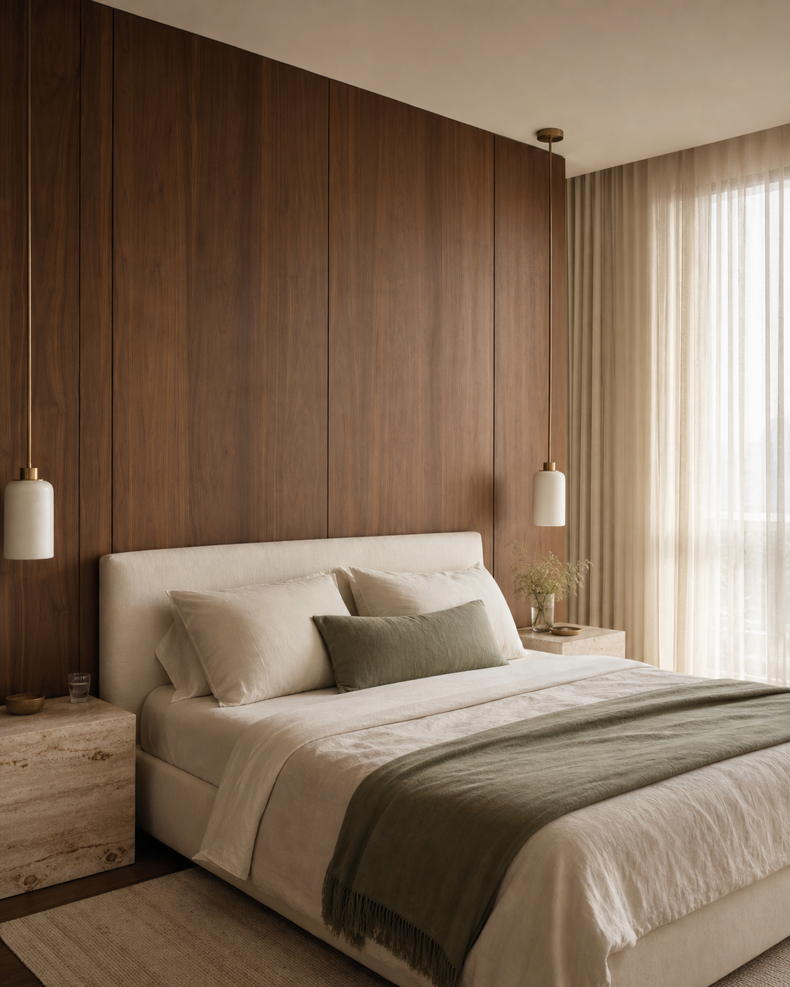 Serene bedroom with layered neutral textiles and warm bedside light