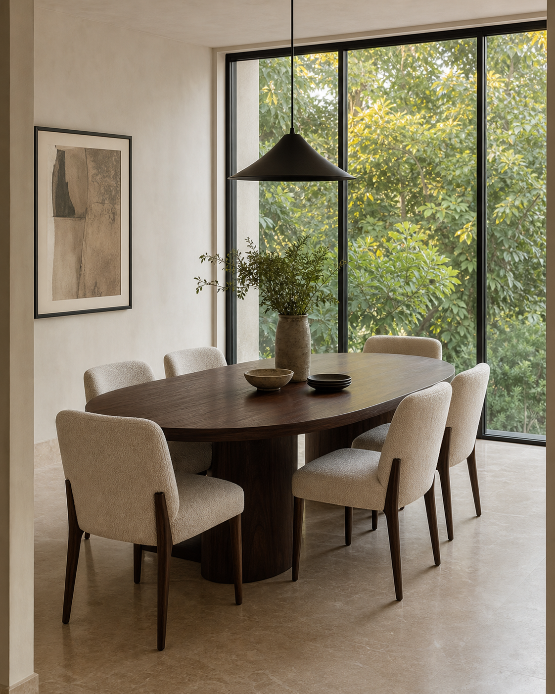 Sculptural dining setting framed by warm timber and soft natural light