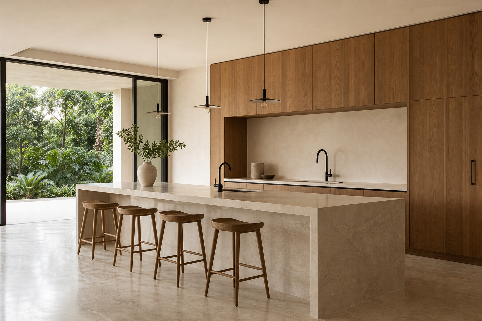 Quiet residential kitchen with oak cabinetry and a stone island