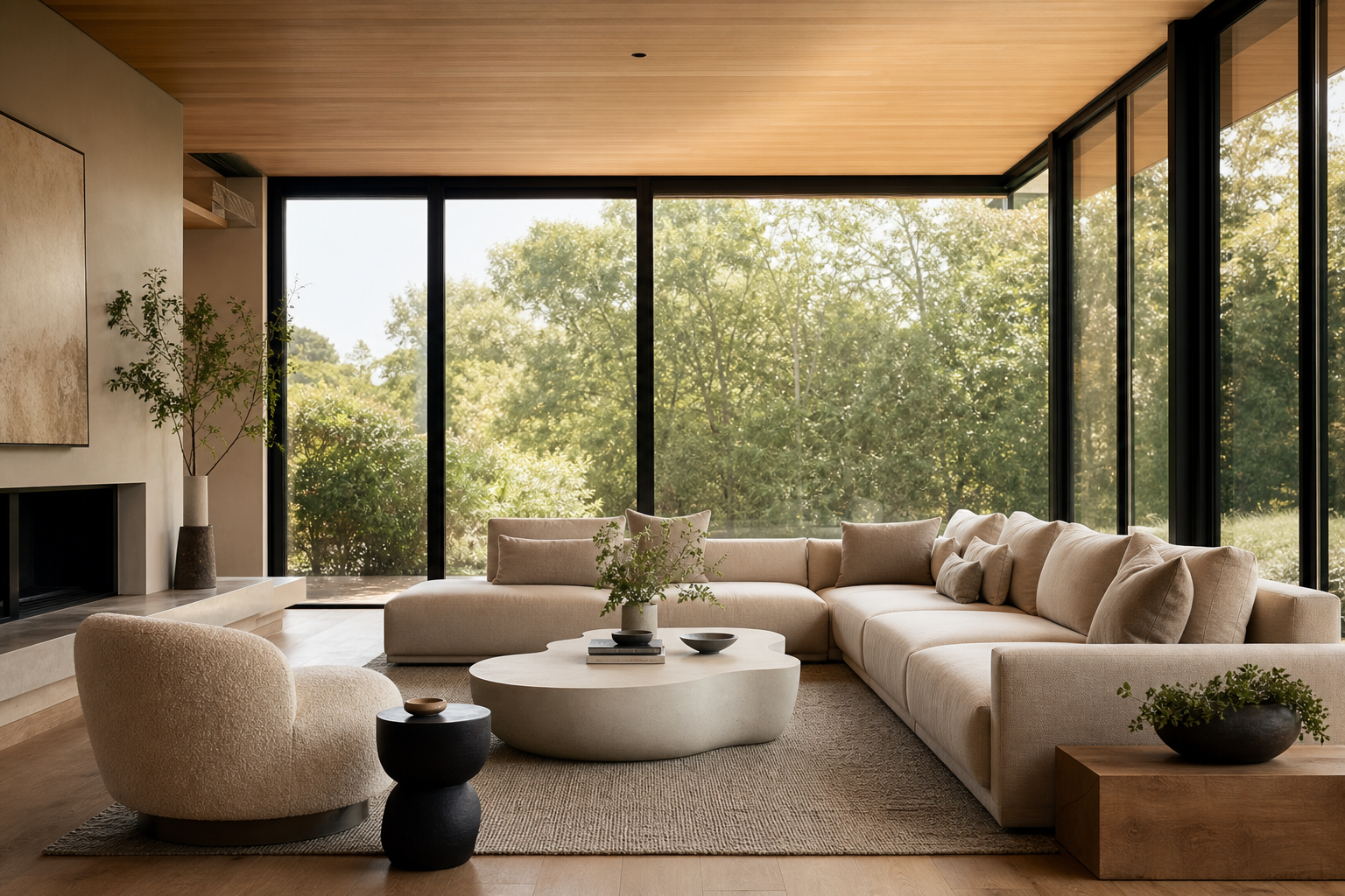Sunlit residential lounge opening onto a wooded landscape
