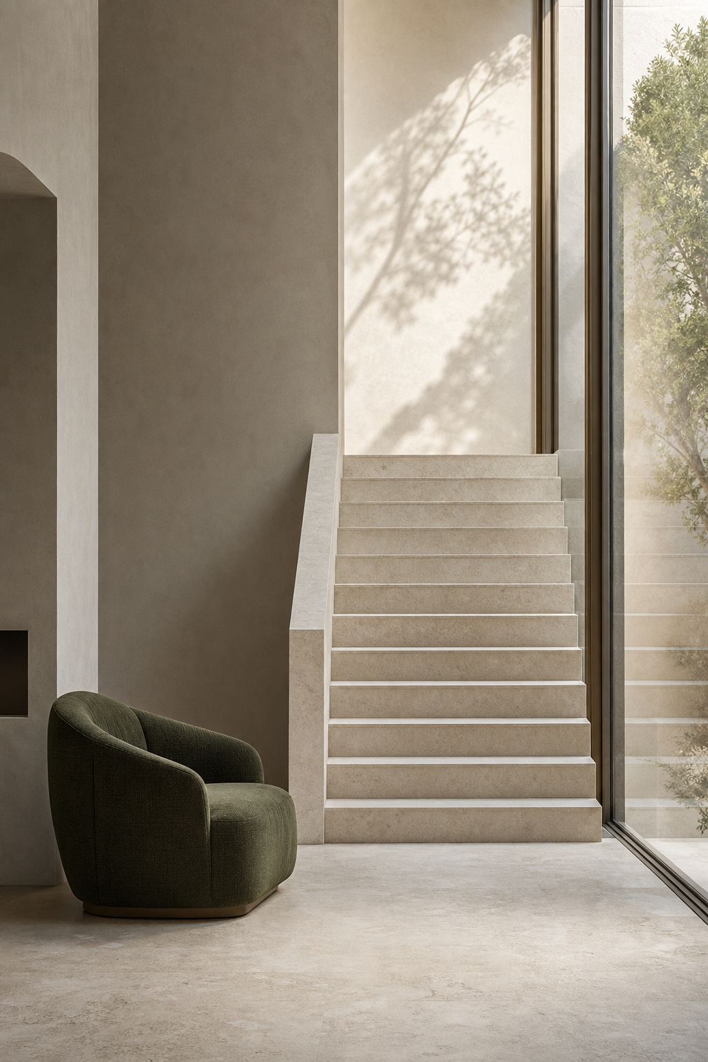 Calm stone staircase beside a sunlit window and olive lounge chair